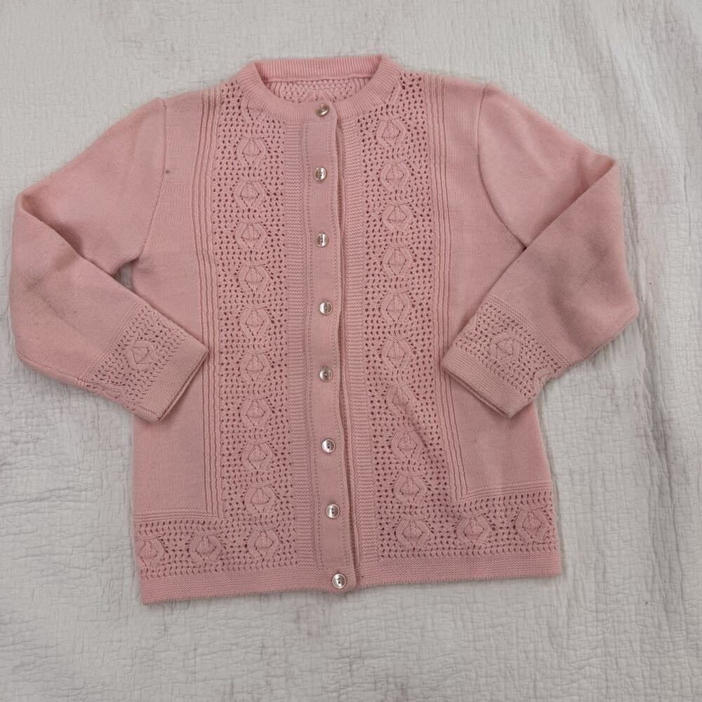 Vintage 80s Cardigan Sweater Pink Acrylic Hand Loomed